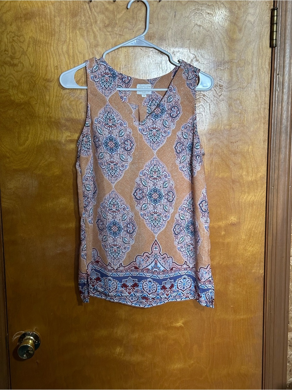 Peach Paisley V-Neck Sleeveless Tank with Blue Accents
